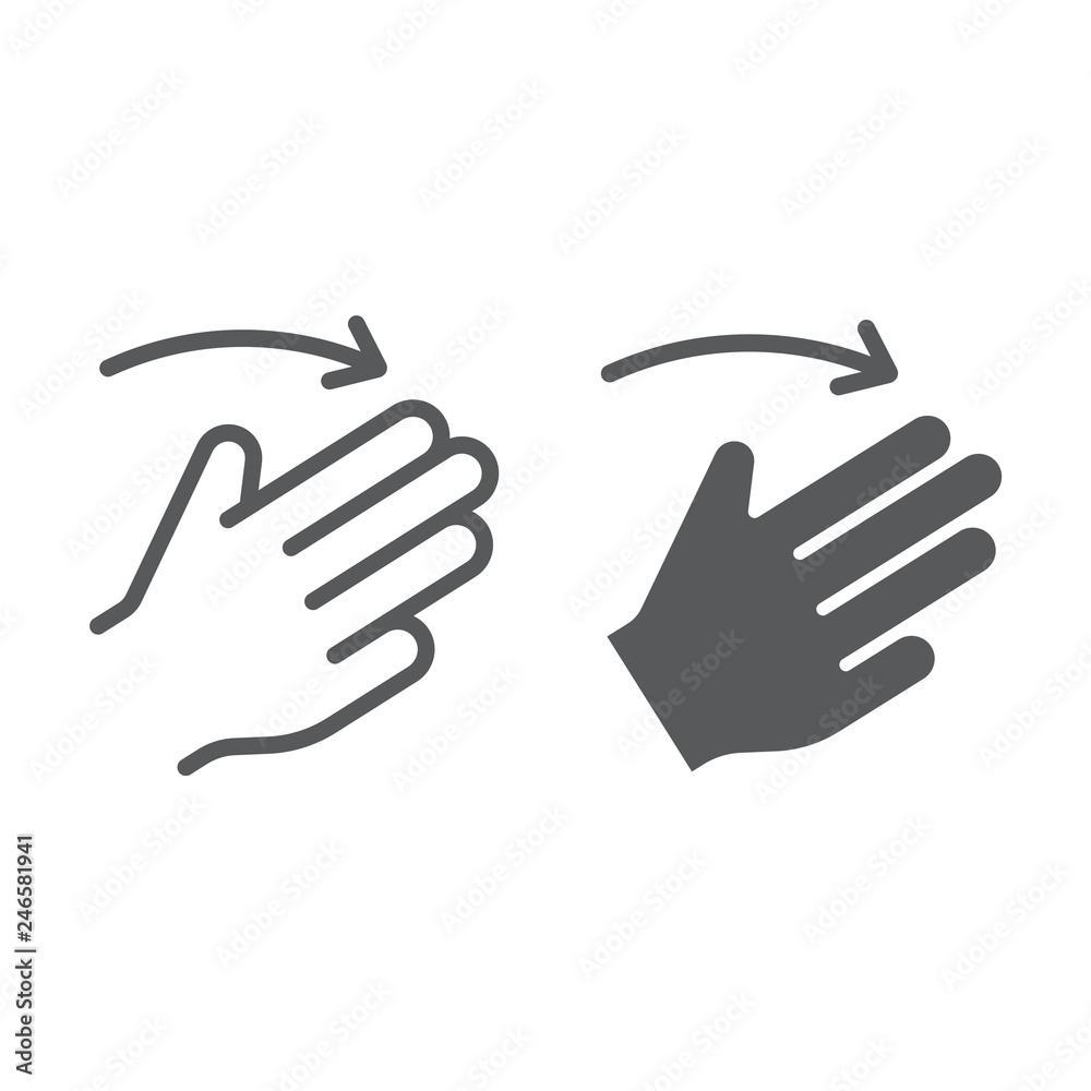 Three fingers flick right line and glyph icon, gesture and hand, click sign, vector graphics, a linear pattern on a white background. Three fingers flick right line and glyph icon, gesture and hand, click sign, vector graphics, a linear pattern on a white background.