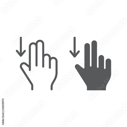 Two finger drag down line and glyph icon, gesture and hand, flick sign, vector graphics, a linear pattern on a white background.