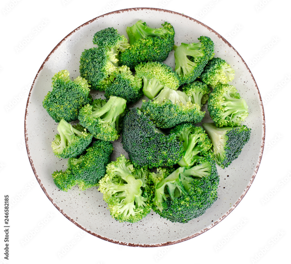 Plate with chopped broccoli buds isolated on white background Plate with chopped broccoli buds isolated on white background