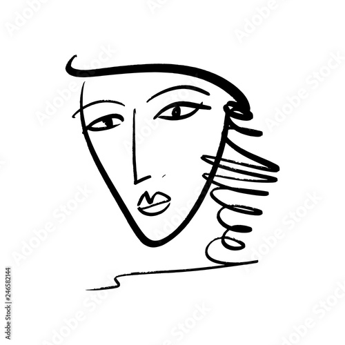 Vector simple hand drawn black and white trendy line portrait art. Monochrome print for clothes, textile and other. EPS