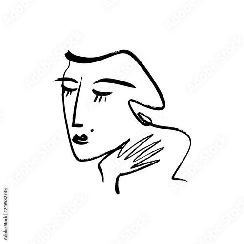 Vector simple hand drawn black and white trendy line portrait art. Monochrome print for clothes, textile and other. EPS