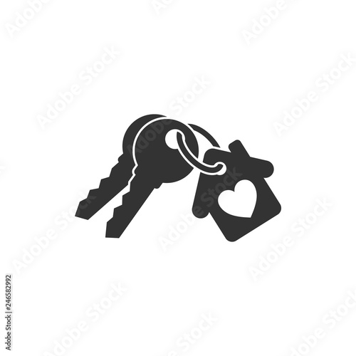 Keychain with key ring, two keys and a pendant house locket. Key chain with house with heart locket vector icon.