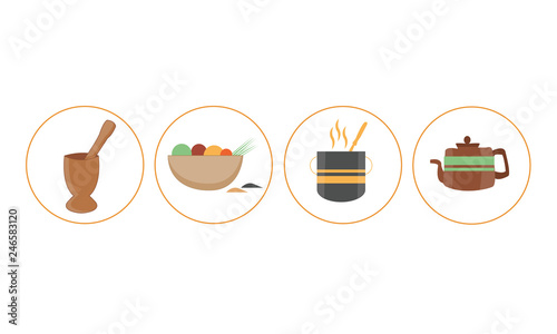 Illustration of African Cooking Flat Icons from Mortar and Pestle Calabash kettle - Images vectorielles 