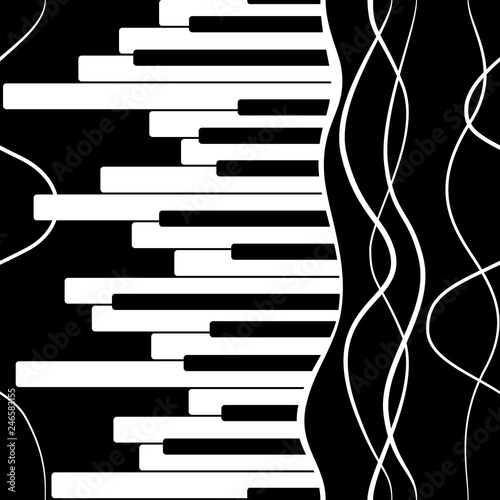 abstract black and white piano keys and waves seamless pattern