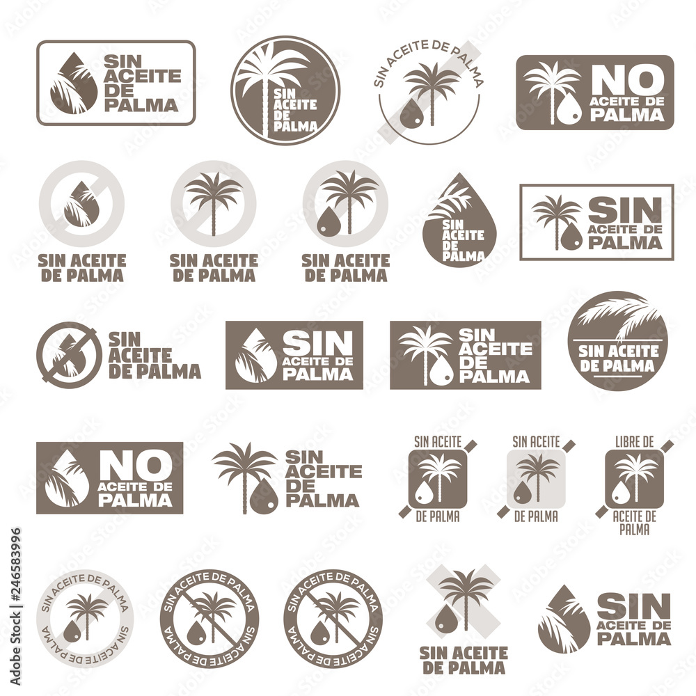 Fototapeta premium Set 23 Icons set of badges, emblems and stamps vector for packaging monochromatic. Palm Oil Free written in Spanish