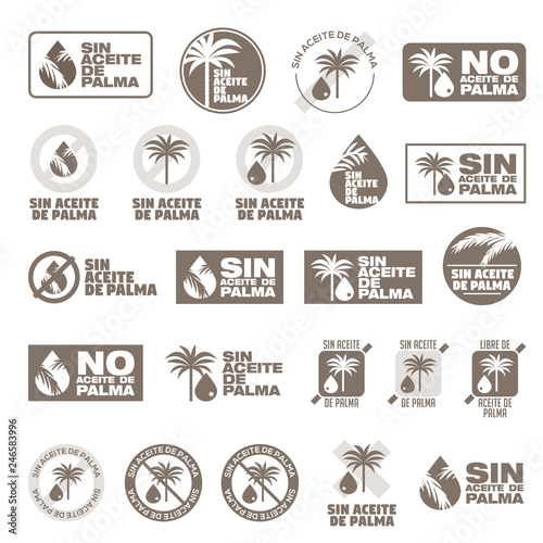 Set 23 Icons set of badges, emblems and stamps vector for packaging monochromatic. Palm Oil Free written in Spanish