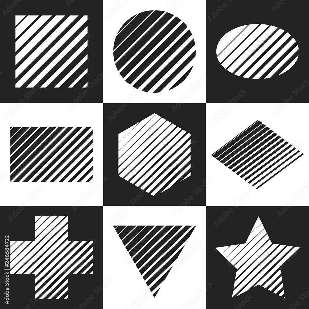 Geometric figures with slanting lines variable width. Set of vector elements. Geometric figures with slanting lines variable width. Set of vector elements.