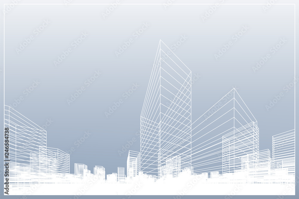 Fototapeta premium Abstract wireframe city background. Perspective 3D render of building wireframe. Vector.