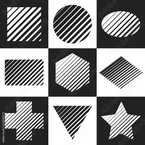 Geometric figures with slanting lines variable width. Set of vector elements.