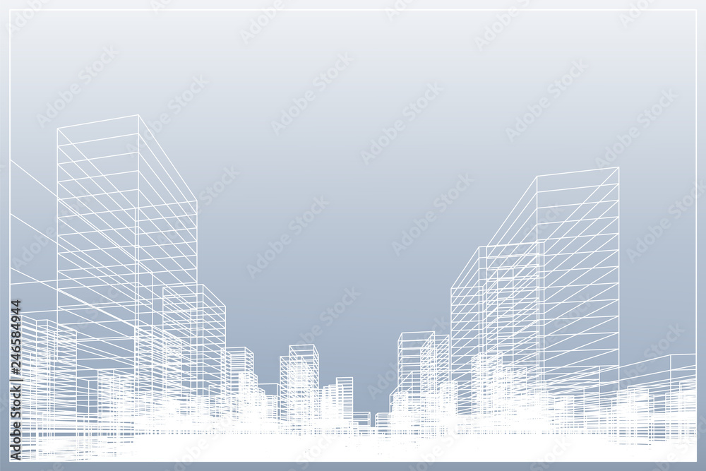 Abstract wireframe city background. Perspective 3D render of building wireframe. Vector.