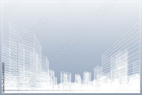 Abstract wireframe city background. Perspective 3D render of building wireframe. Vector.