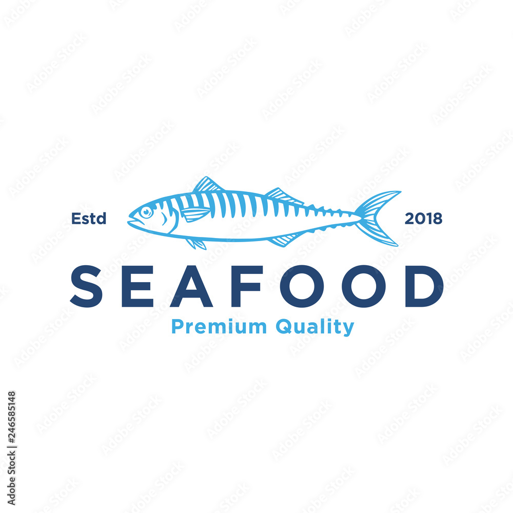 Logo Mackerel silhouette seafood shop label, design elements, emblem template