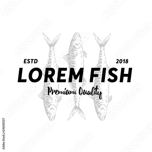 Logo Mackerel silhouette seafood shop label, design elements, emblem template