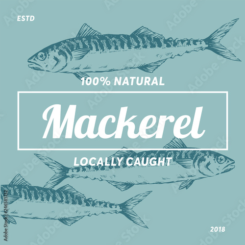 Logo Mackerel silhouette seafood shop label, design elements, emblem template
