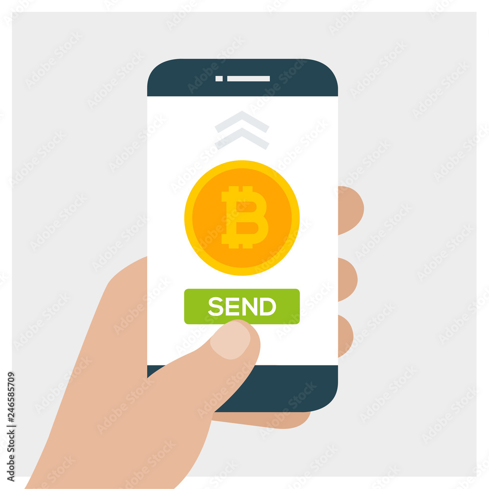 Concept of cryptocurrency technology, bitcoin exchange, mobile banking. Hand holding smartphone and send bitcoins Concept of cryptocurrency technology, bitcoin exchange, mobile banking. Hand holding smartphone and send bitcoins