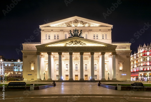 Bolshoi theater (Big theatre) facade at night, Moscow, Russia