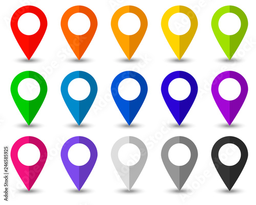 Set of map pointers icons with soft shadow in flat style.