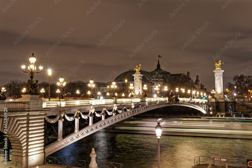 Obraz premium Night view of Alexandre III bridge on the Seine - Paris, France