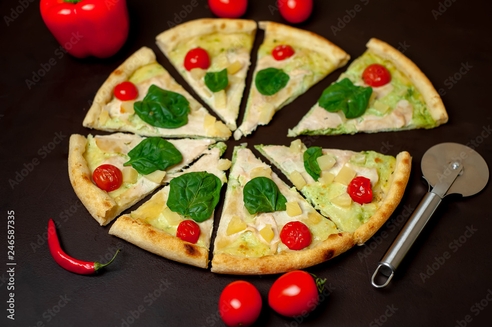 Delicious pizza on a concrete background. Top view of hot pizza. Delicious pizza on a concrete background. Top view of hot pizza.