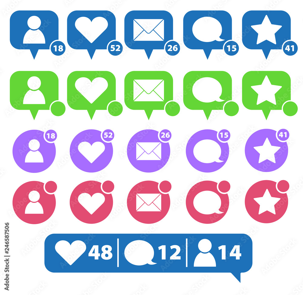 social media or social network notification icon set
