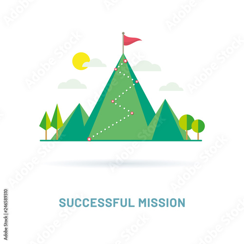 Flag on the mountain peak. Way to successful Business. Vector illustration