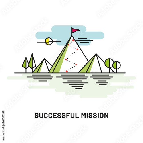 Flag on the mountain peak. Way to successful Business. Vector illustration