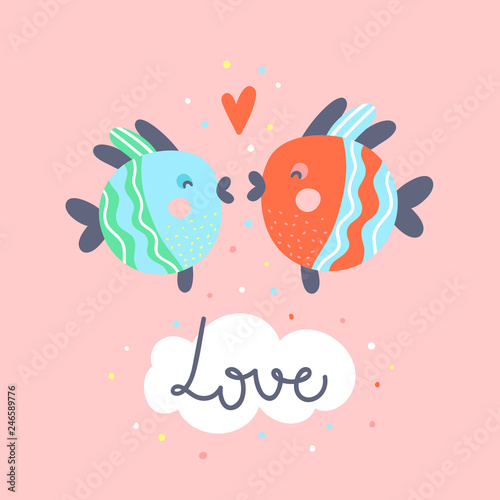 Two fishes kissing couple cute vector illustration. Romantic doodle card concept with lettering