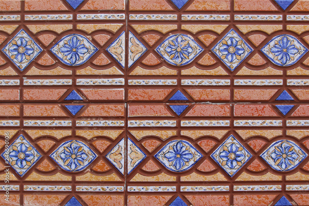 Ornamental tiles on public building in Spain