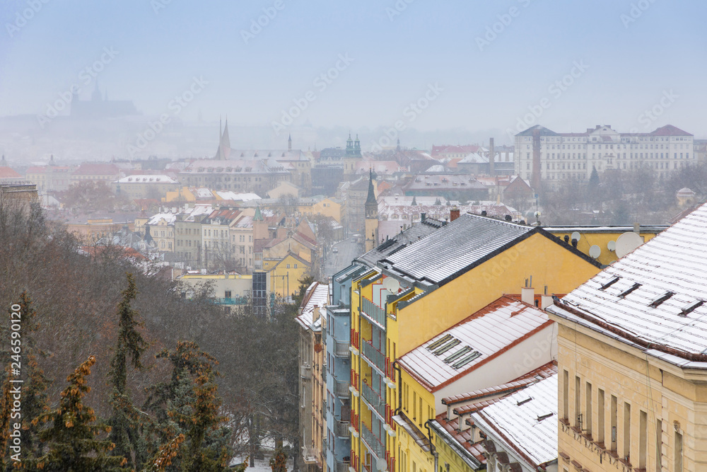 View of Prague streets from Vysehrad hill at winter, Czech republic