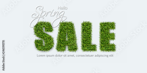 Sale sign in green grass Vector realistic. Spring sales banner on white backg...