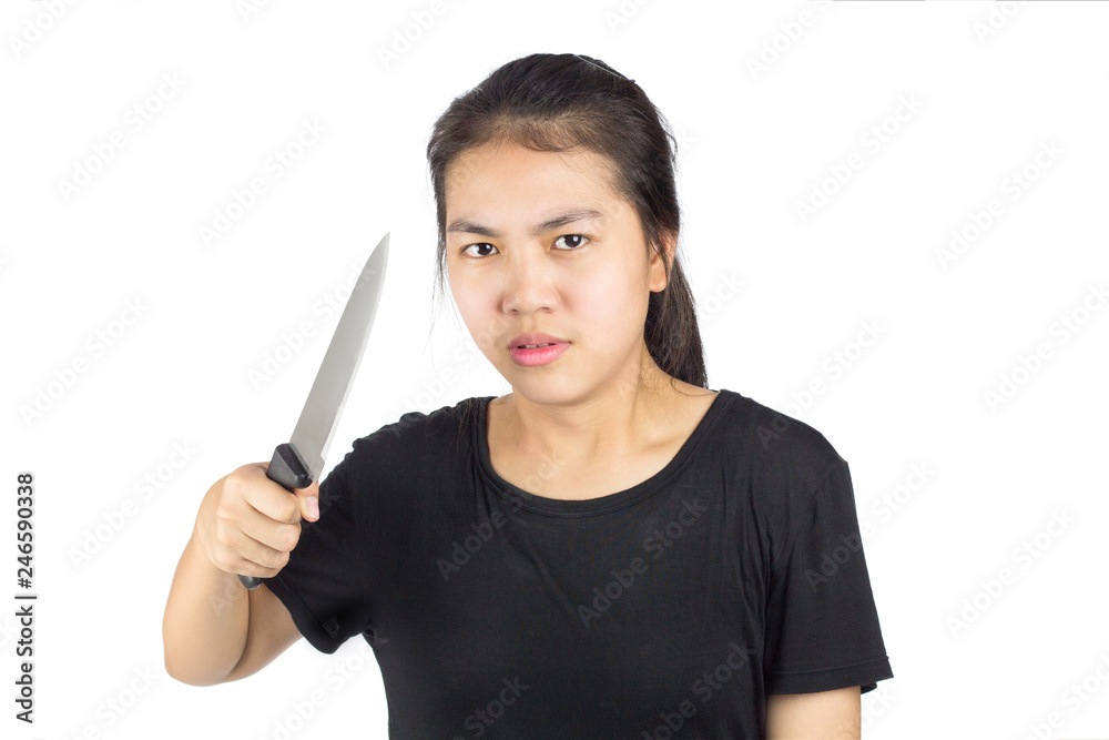 woman holding a knife stressful to the problem . crazy girl woman holding a knife stressful to the problem . crazy girl
