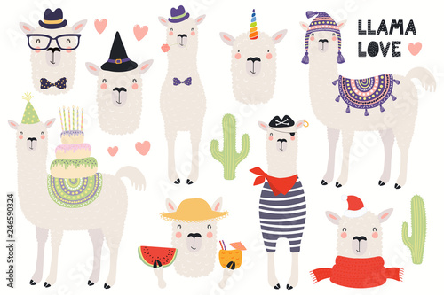 Set of cute funny llamas, pirate, summer, witch, unicorn, birthday, hipster. Isolated objects on white background. Hand drawn vector illustration. Scandinavian style flat design. Concept kids print.