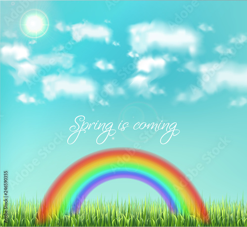 Colorful rainbow on sky background Vector realistic. Beautiful green meadow b...