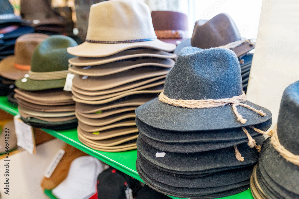 Vintage tyrol hats in souvenir shop