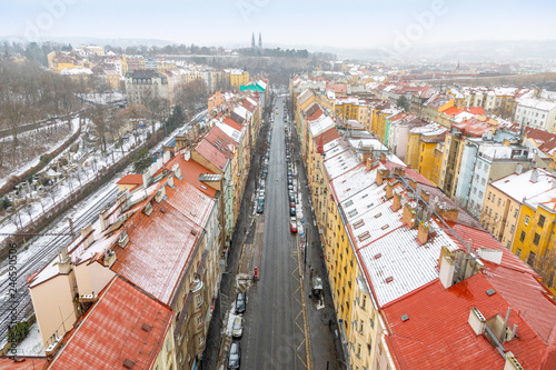 View of Prague streets and Vysehrad hill in Praha 2 district from Nusle bridge in winter, Czech republic