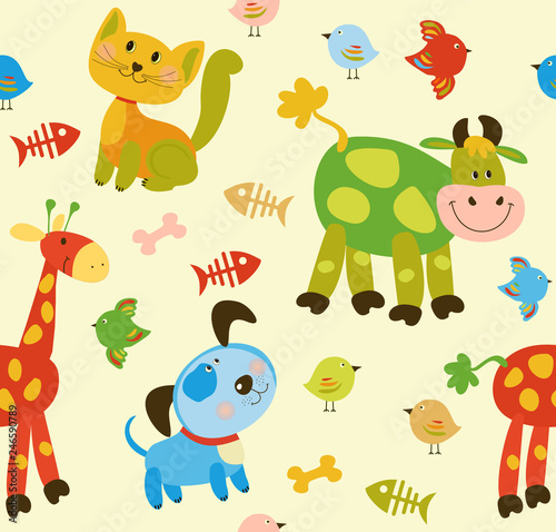 Seamless baby pattern with cute animals and toys . Vector bright illustration for kids. Seamless childrens background for wallpapers or textile. © Alena
