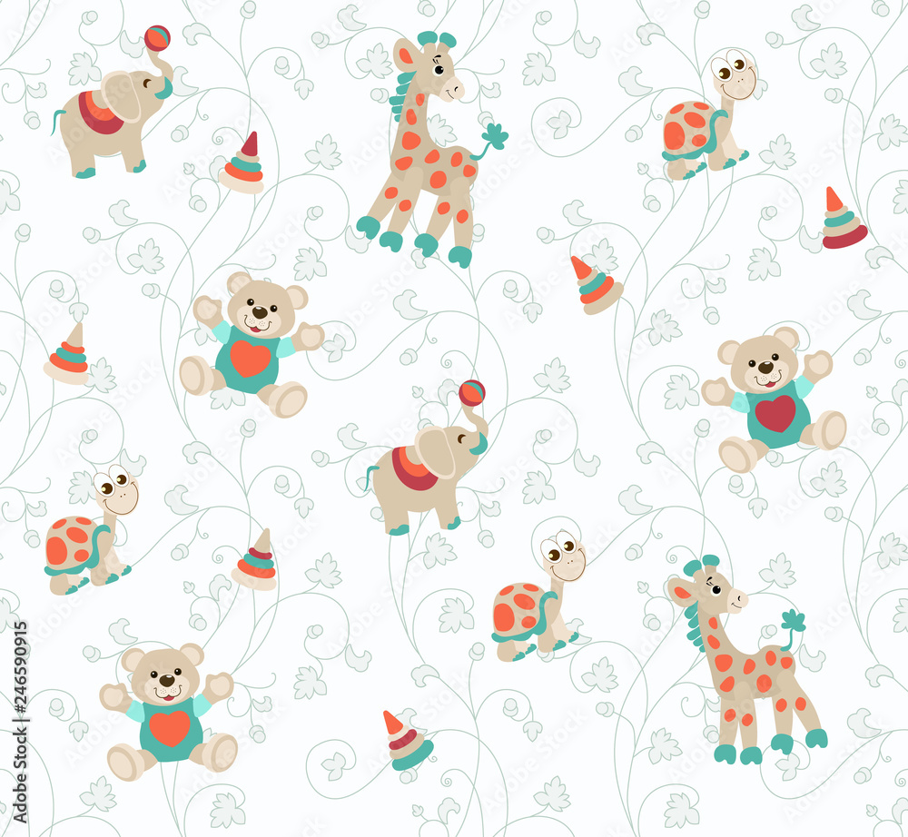 Seamless baby pattern with cute animals and toys . Vector bright illustration for kids. Seamless childrens background for wallpapers or textile.