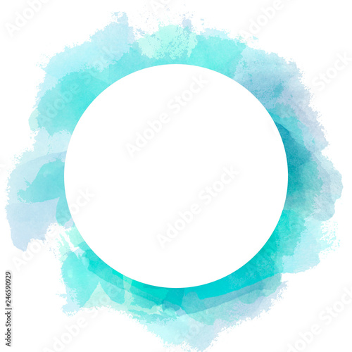 Abstract watercolor circle background in blue and green color. Brush stroke illustration with circle white copy space