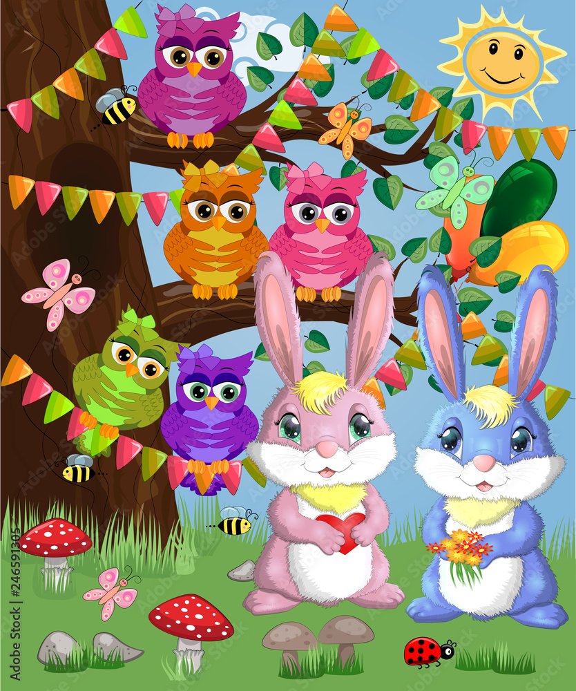 Two cute bunny in a forest glade. Boy and girl, concept spring, love, postcard Two cute bunny in a forest glade. Boy and girl, concept spring, love, postcard