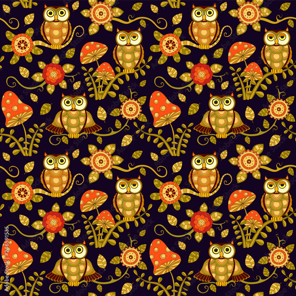 Seamless baby pattern with cute owls ahd flowers in magic forest. Vector bright illustration for kids. Seamless childrens background for wallpapers or textile. Seamless baby pattern with cute owls ahd flowers in magic forest. Vector bright illustration for kids. Seamless childrens background for wallpapers or textile.