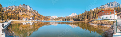 Lake of Misurina in Italian Dolomites during autumn. Travel in Tyrol Alps concept © EdNurg