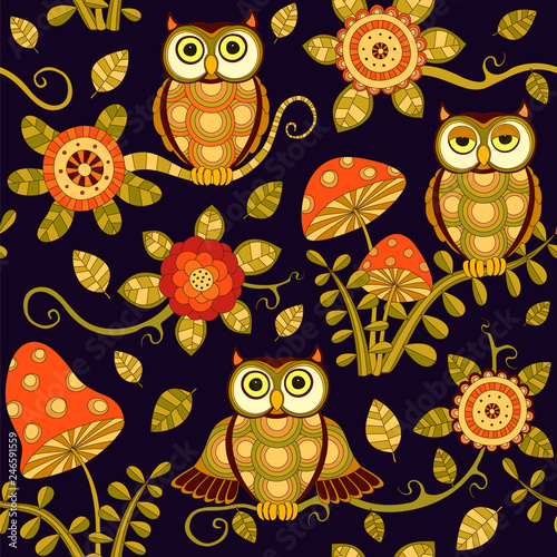 Seamless baby pattern with cute owls ahd flowers in magic forest. Vector bright illustration for kids. Seamless childrens background for wallpapers or textile. photo