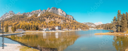 Lake of Misurina in Italian Dolomites during autumn. Travel in Tyrol Alps concept