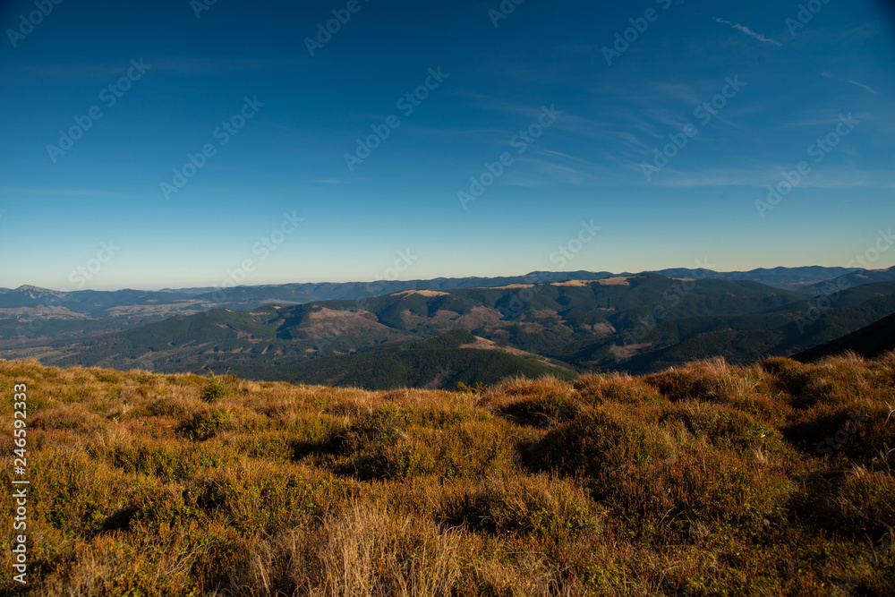 Panoramic view of idyllic mountain scenery in sunny day