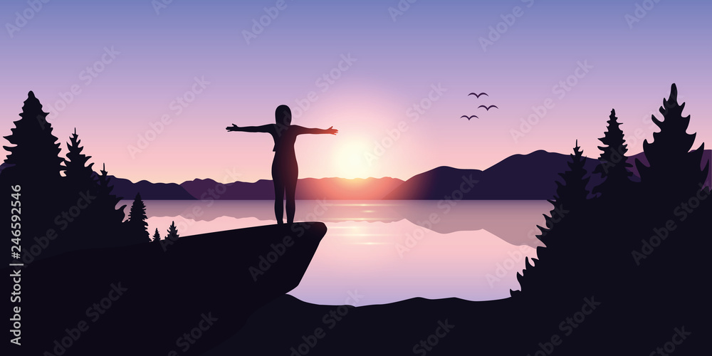 happy girl with arms raised at sunrise by the lake vector illustration EPS10