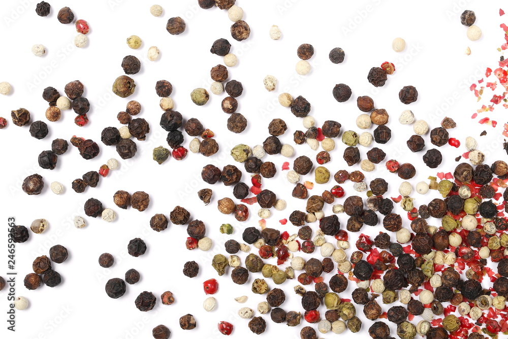Colorful pepper isolated on white background, top view