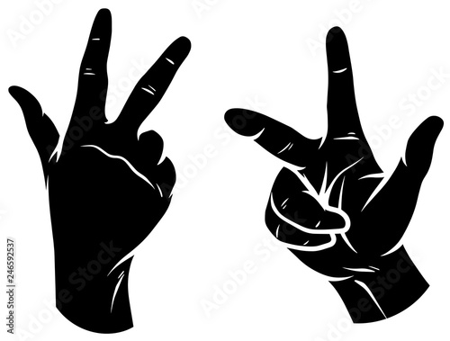 Cartoon graphic black silhouette human hands. Showing three fingers. Isolated on white background. Vector icons set.