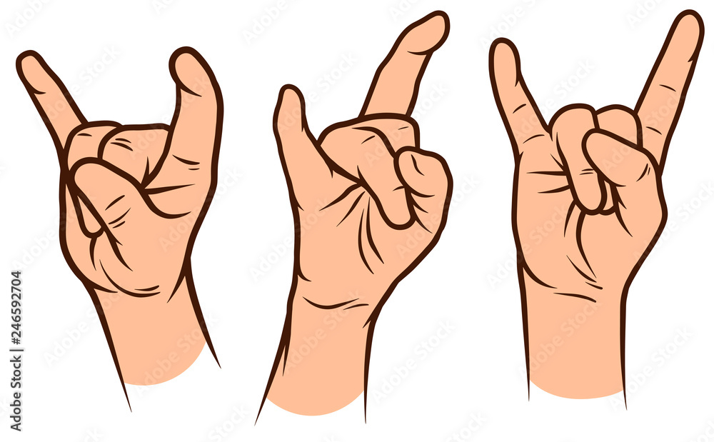Cartoon graphic white human hands. Showing rock and roll gesture or sign. Isolated on white background. Vector icons set.