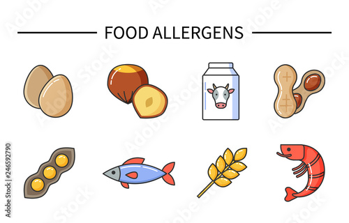 Food allergens, products causing illness and diseases vector. Allergy reasons, raw eggs and nuts, cow milk and beans with peas, wheat and fish shrimps