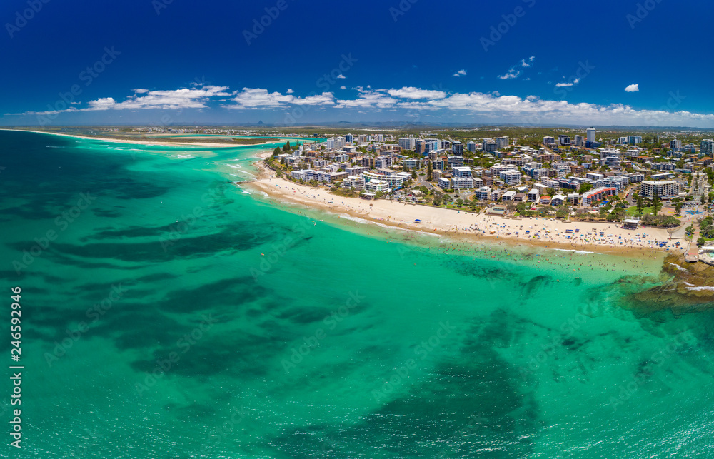 Aerial drone panoramic image of ocean waves on a Kings beach, Caloundra, Queensland, Australia